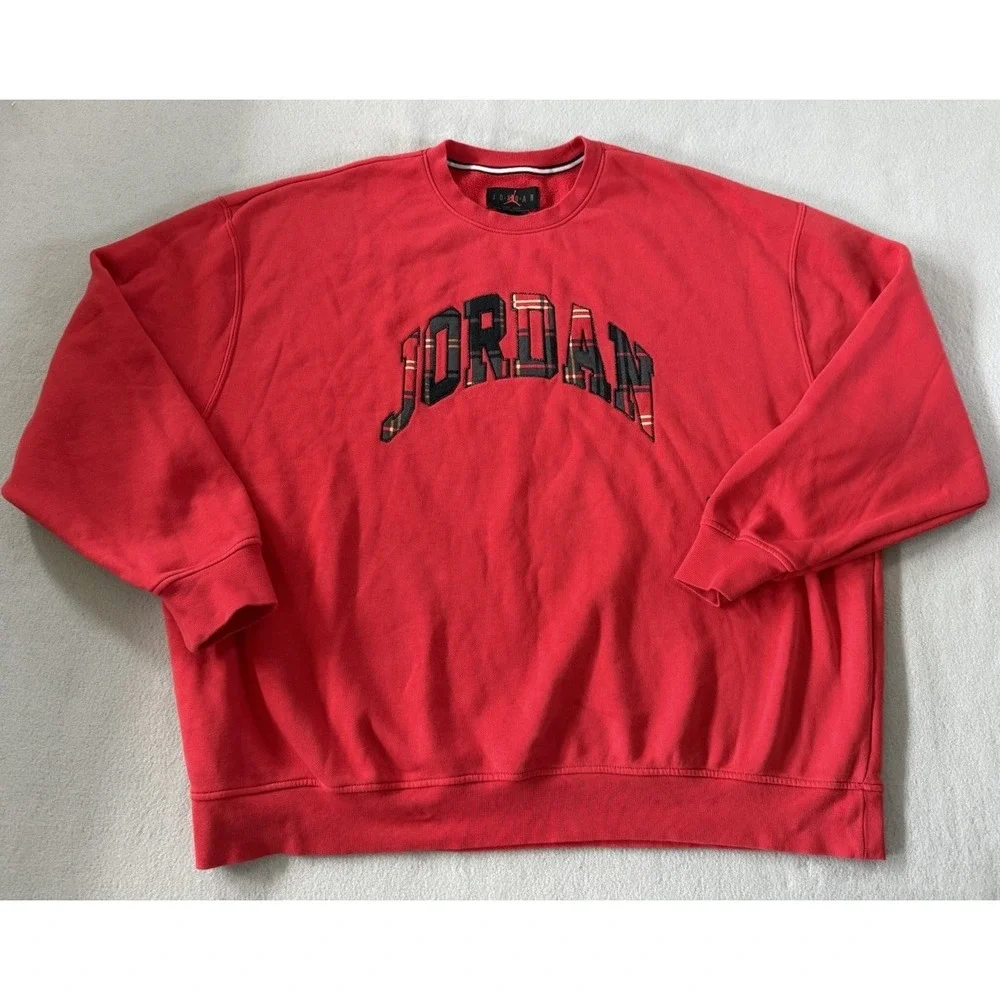Jordan Brand Red Plaid Holiday Fleece Crew Sweatshirt Men's Size 2XL DV1574-612